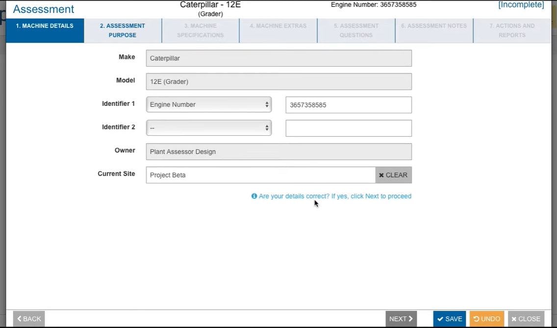 Ideagen Plant Assessor Software - Plant Assessor machine details