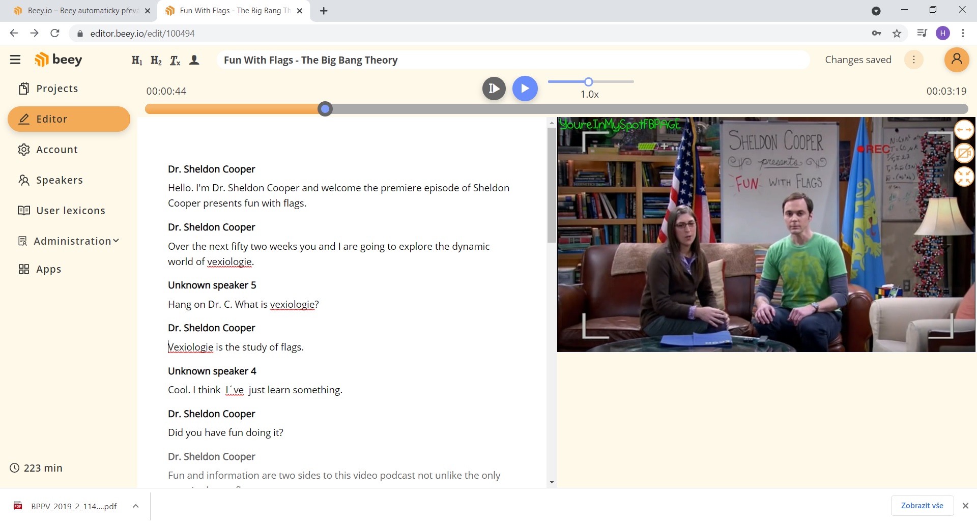Beey screenshot: Beey is an application for automated transcription, with an easy-to-use editor, many export options, subtitling mode, and transcriptions offered in 20 languages