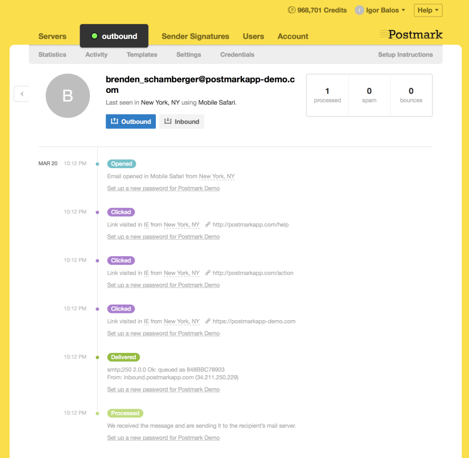 Postmark screenshot: Postmark outbound emails