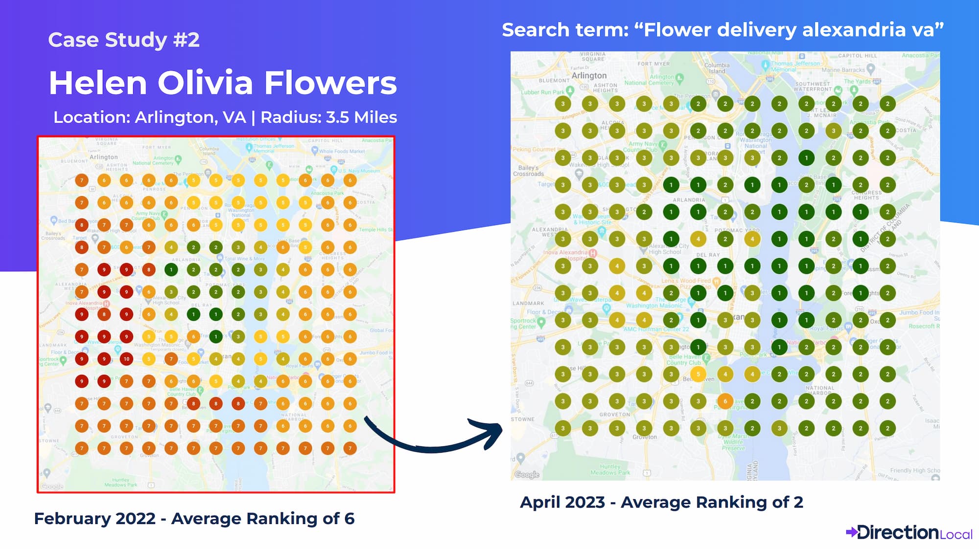 Mosaic screenshot: Direction Local Results for Helen Olivia Flowers in Arlington, VA