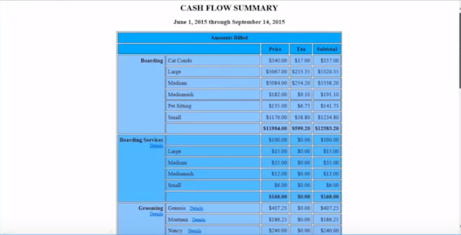 Kennel Link Software - Kennel Link cash flow summary