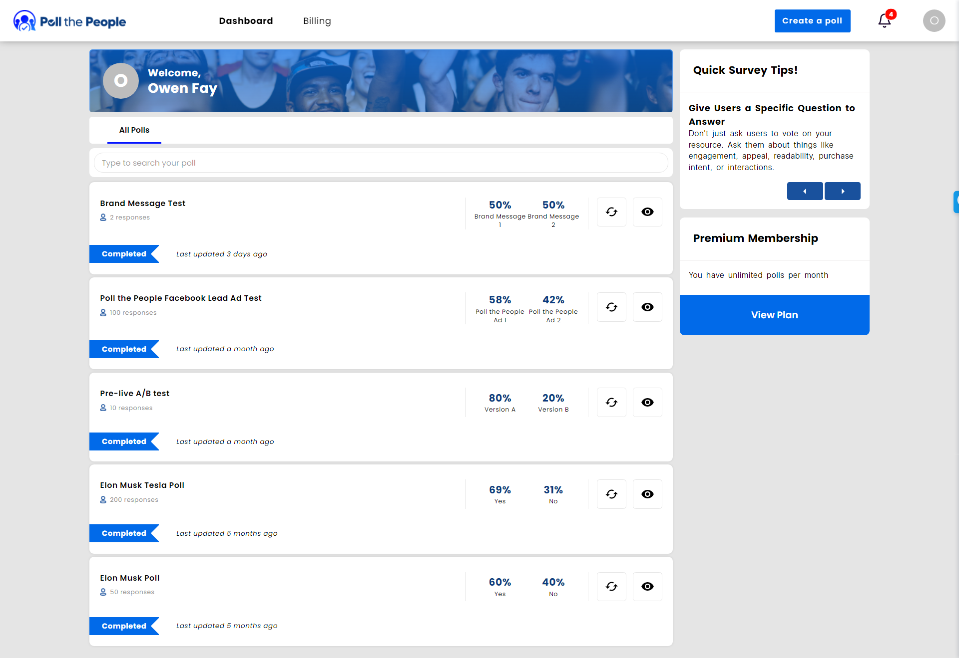 Poll the People screenshot: Testing Dashboard