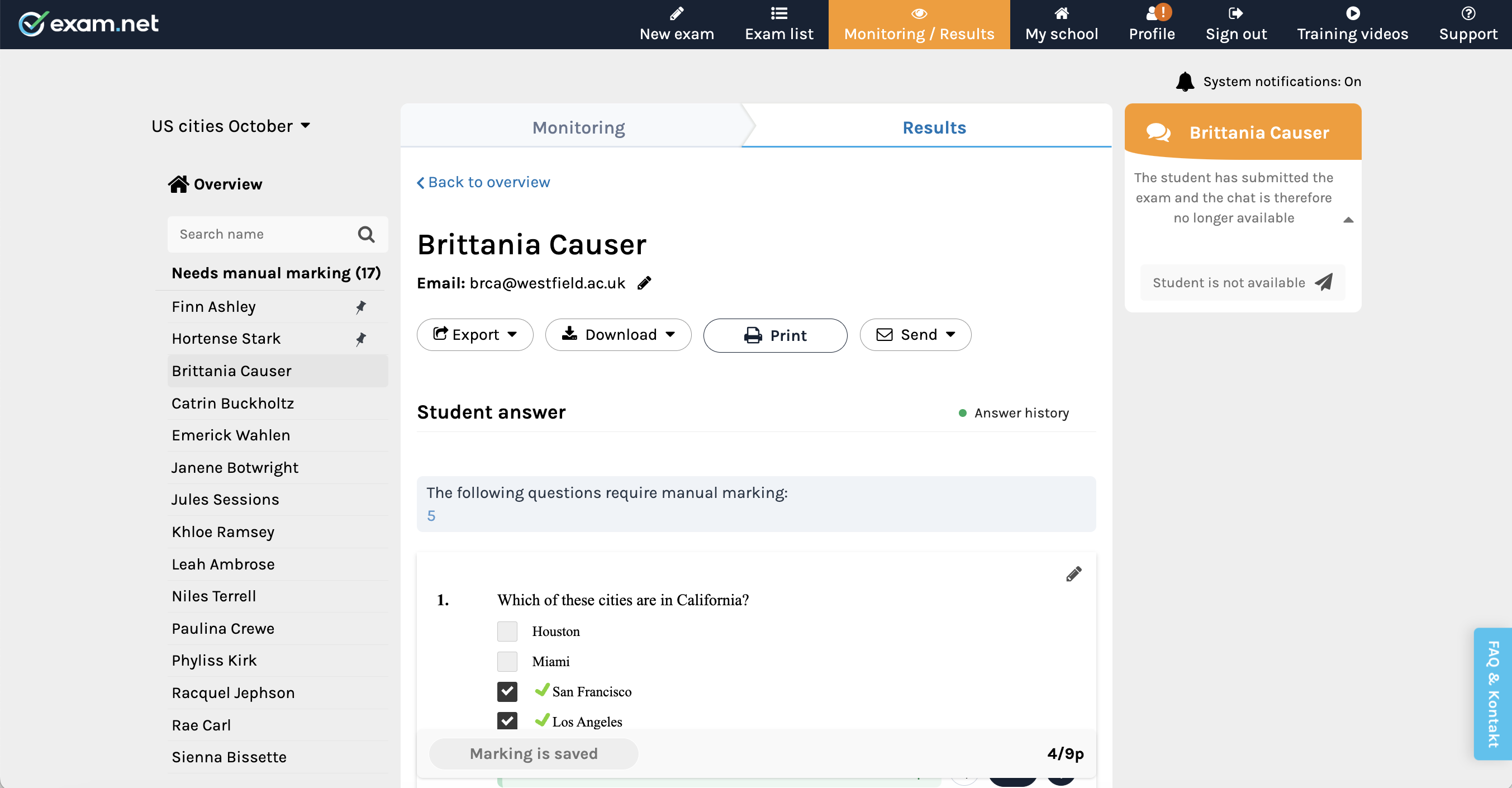 Exam.net Software - In Exam Results view, you can choose to export results to Google Drive or OneDrive, download results or print them out.