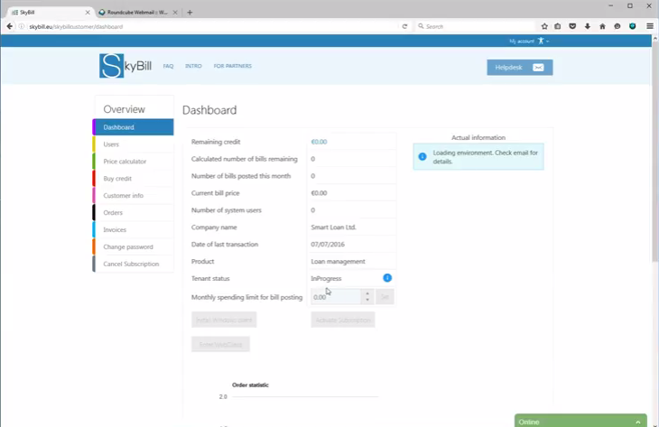 The SkyBill dashboard displays key metrics