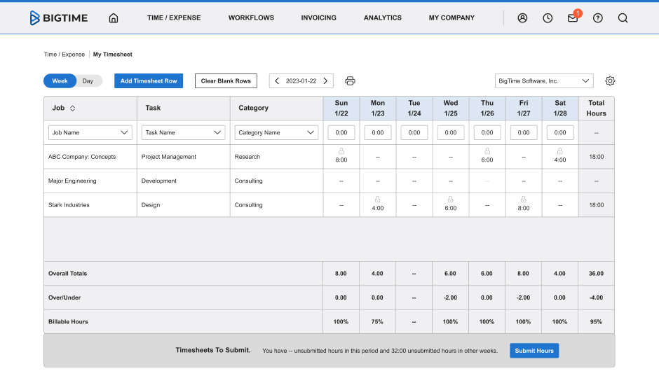 BigTime Software - Streamlined, well-designed timesheets promote use. Include just the fields you need, organized how you like. Lightning-quick lookups let you enter names, billing codes, and more with minimal keying. Use grid or line item views. Launch timers anywhere in B