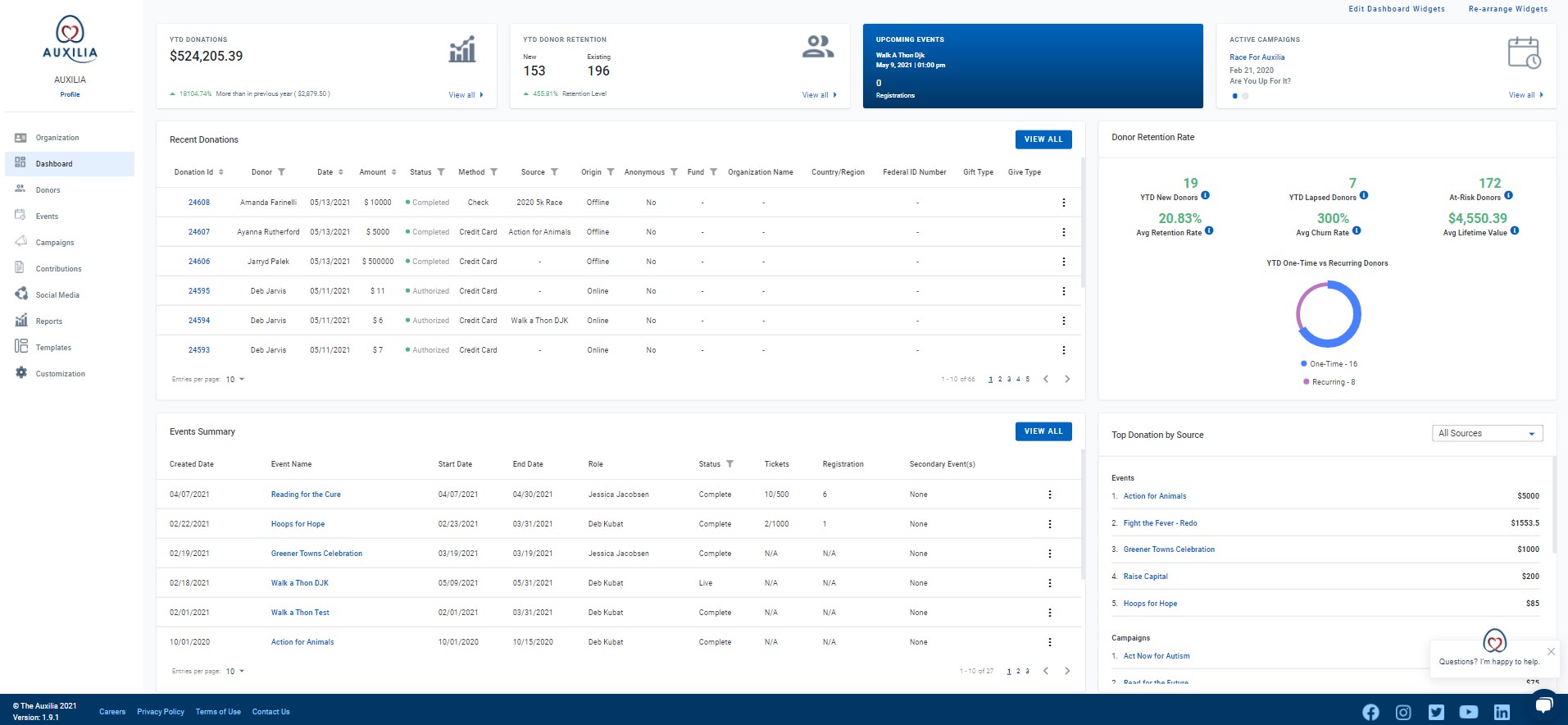 Auxilia screenshot: Auxilia dashboard