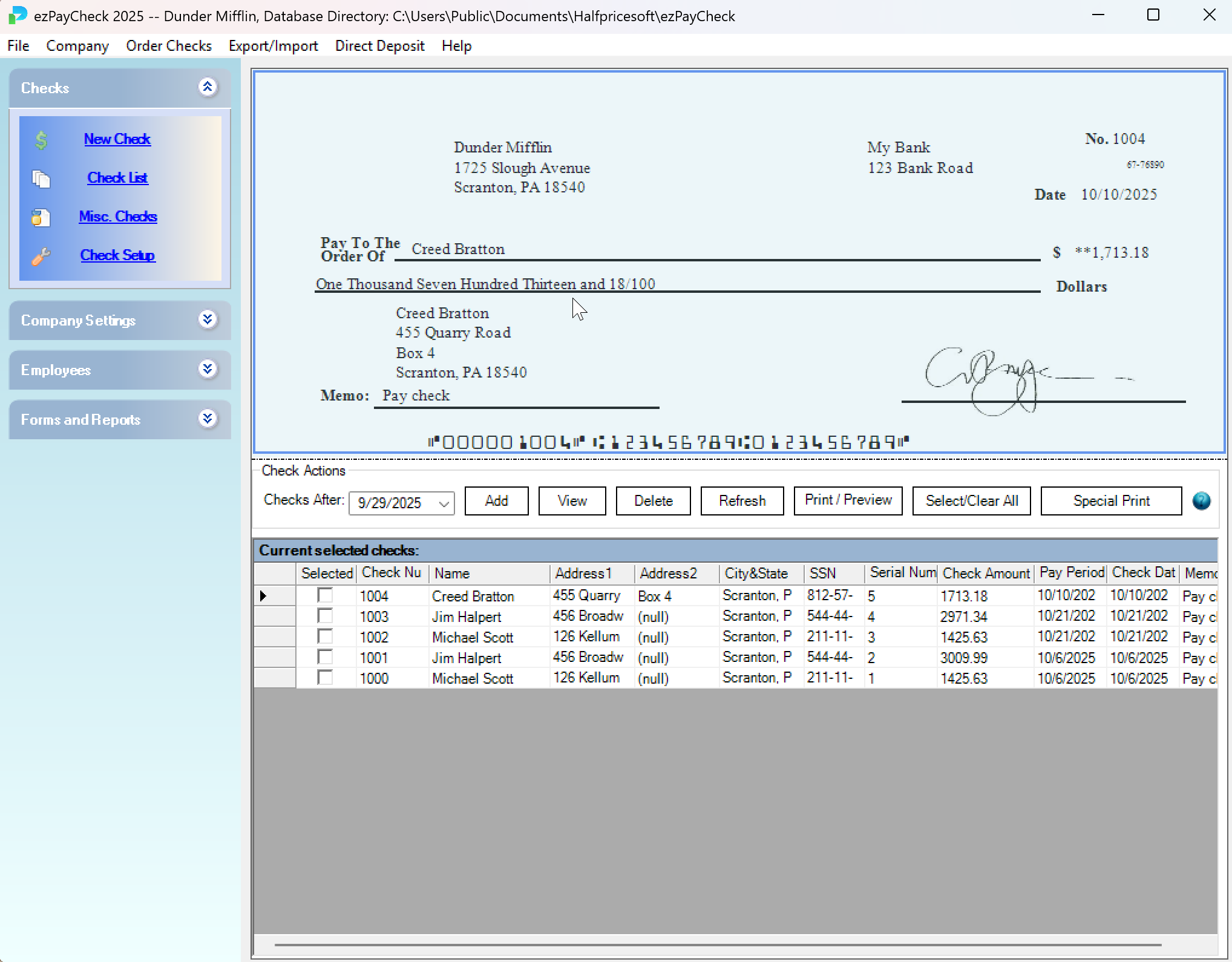 ezPaycheck screenshot: ezPaycheck paychecks and employees