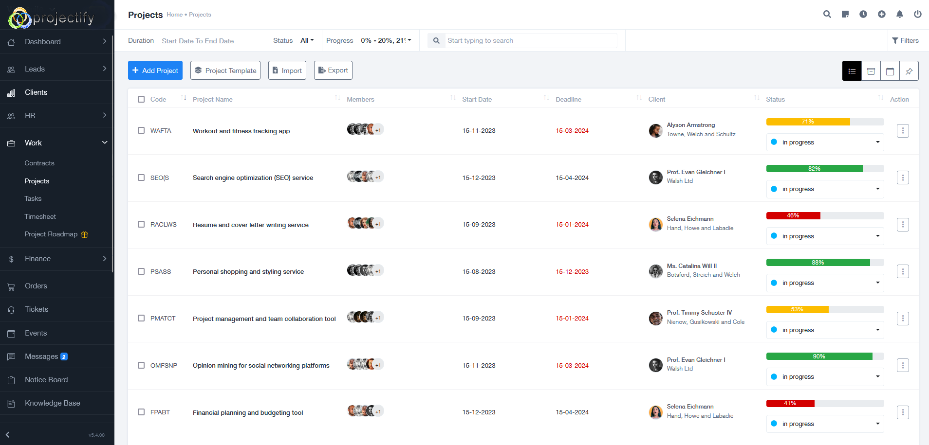 Projectify screenshot: Project board
