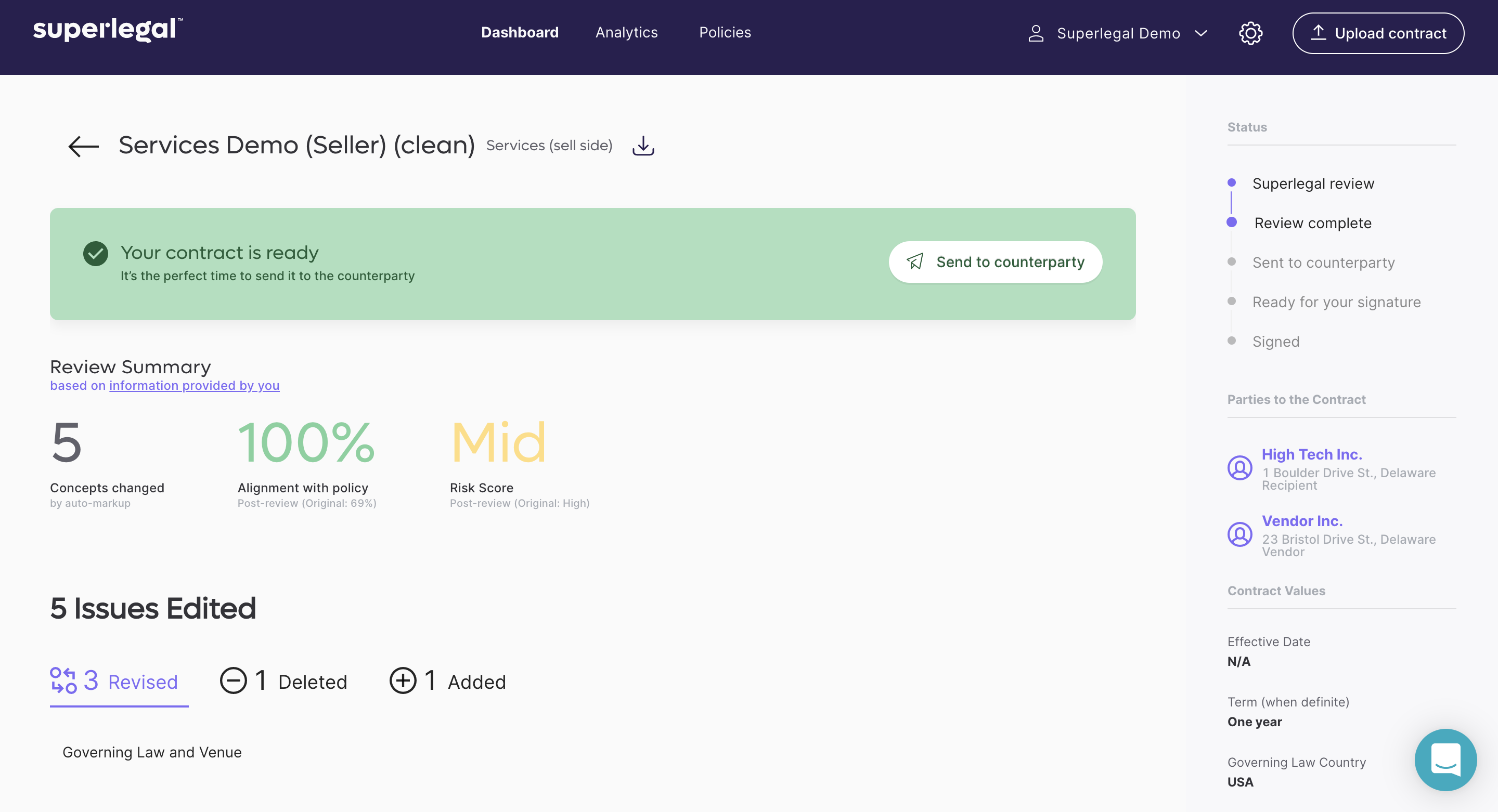 Superlegal Software - The Contract Summary page provides you with details of your contract, including the status, the risk score and the Superlegal Review Summary containing a full description of the revisions made.