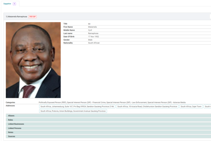 NameScan politically exposed person (PEP) details