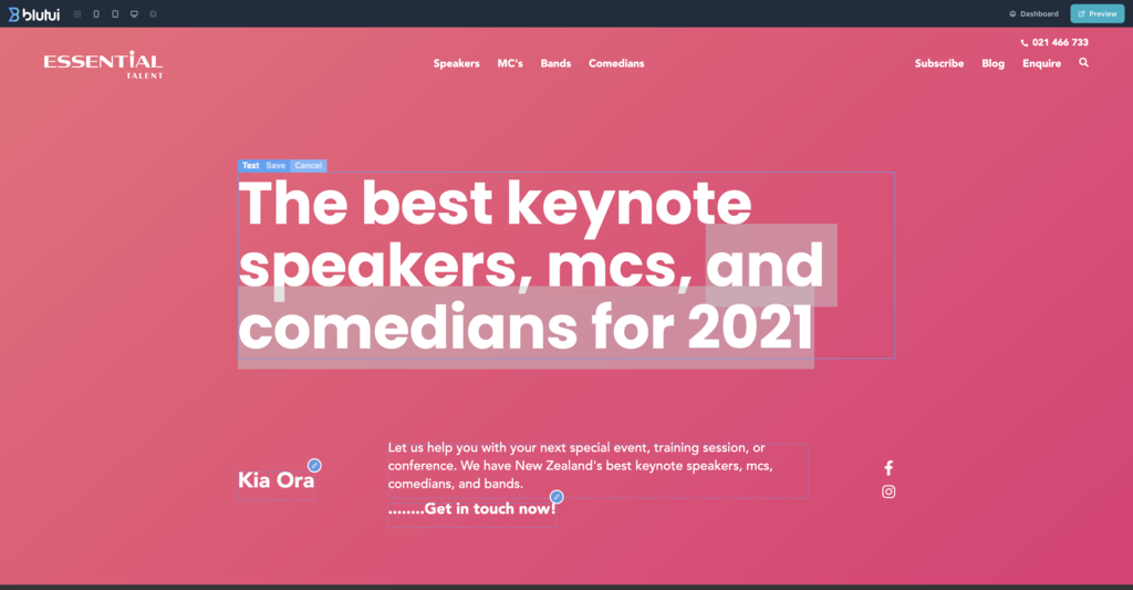 Blutui screenshot: Canopy: When you edit in Canopy you see exactly how the content will look when published.