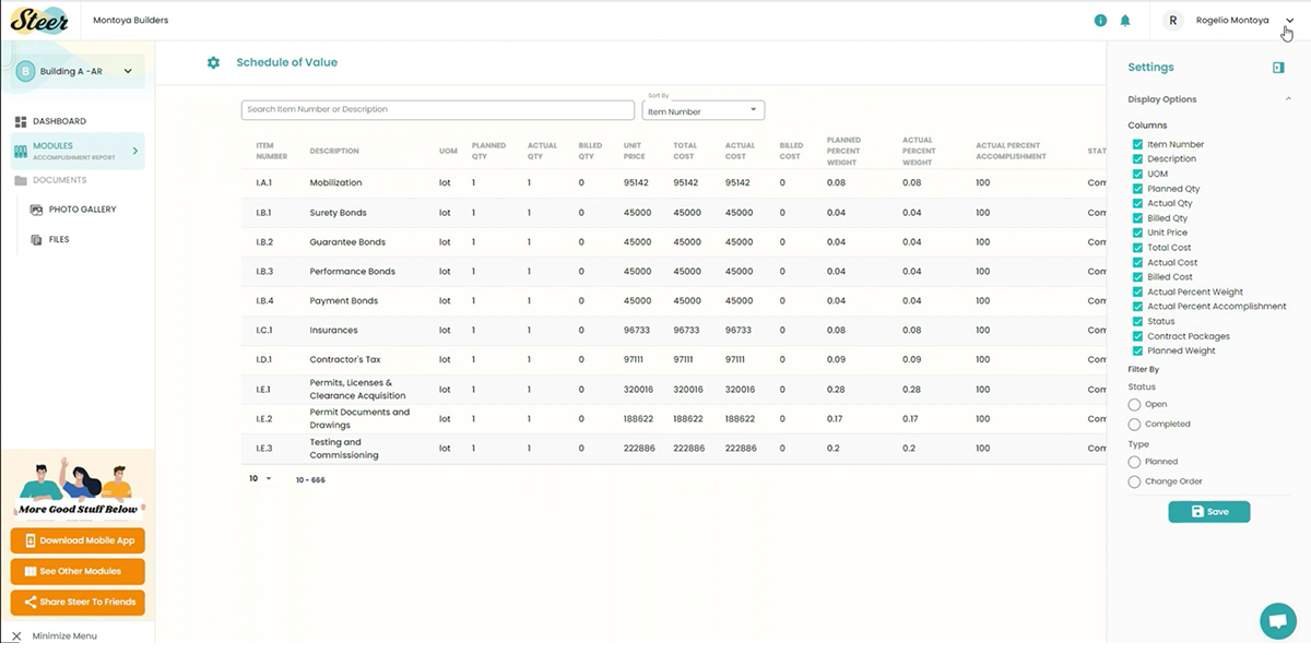 Steer screenshot: Establish your construction project’s Planned Value. Steer lets you easily upload your project’s Bill of Quantities (BOQ) in order to determine the Schedule of Values and arrive at your project’s baseline or the Planned Value (PV)