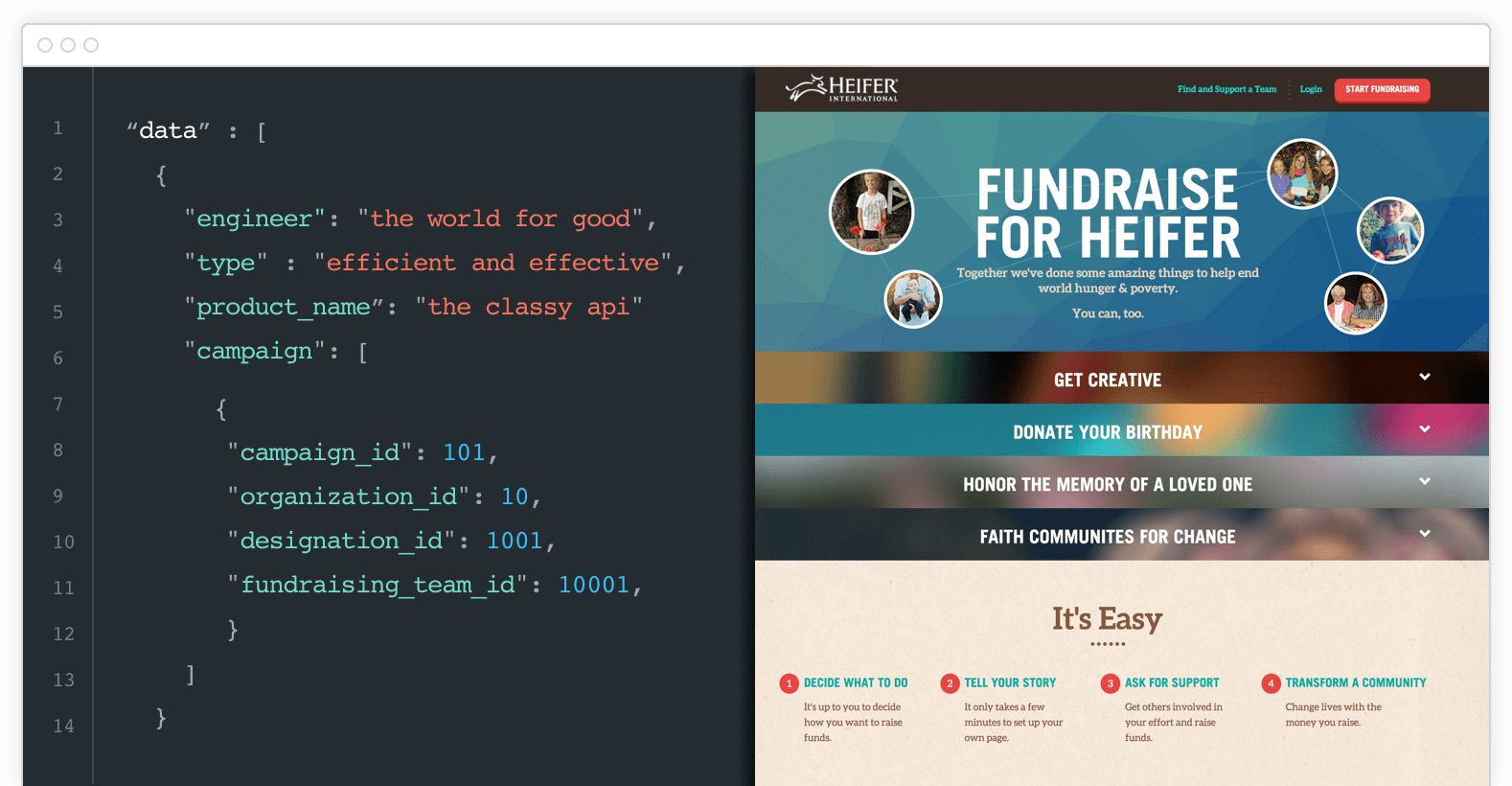 Heifer example campaign showing developer API deployment for code-level customization
