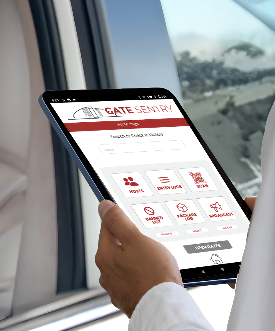Gate Sentry screenshot: Gate Sentry — The tablet consolidates all security activities into one unified platform. Security can search for visitors using various criteria, such as user names, addresses, vendor names, or license plate numbers. 
