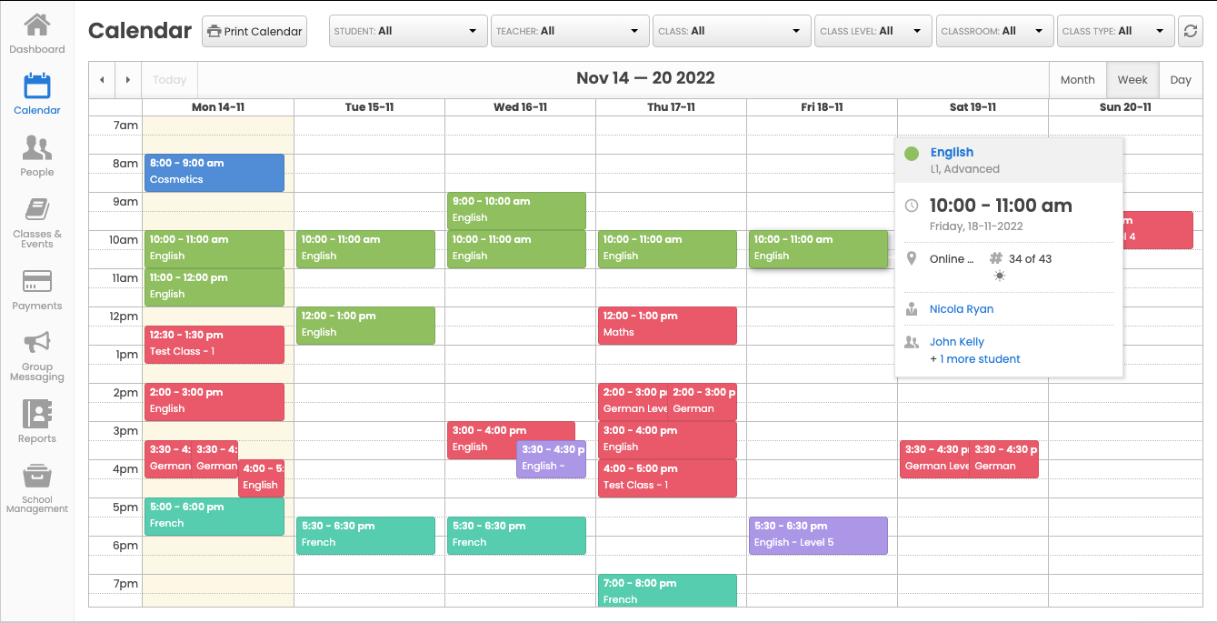 Teach n Go Software - View classes and events in your calendar. Every user has a calendar where they can see their relevant lessons and events. Multiple views and filters are available to help you see just what you need.