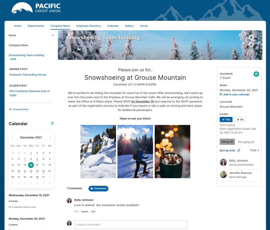 ThoughtFarmer Software - Create fun and engaging event invitations that get employees excited! Set custom questions that you'd like answered during registration, manage registrations, and set a close time. Employees can add comments and add the event to their calendar.