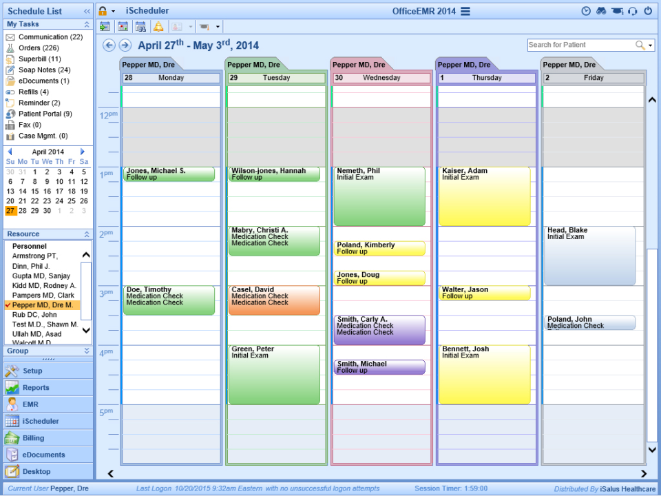 The iScheduler features pop-up alerts and color-coded appointment statuses