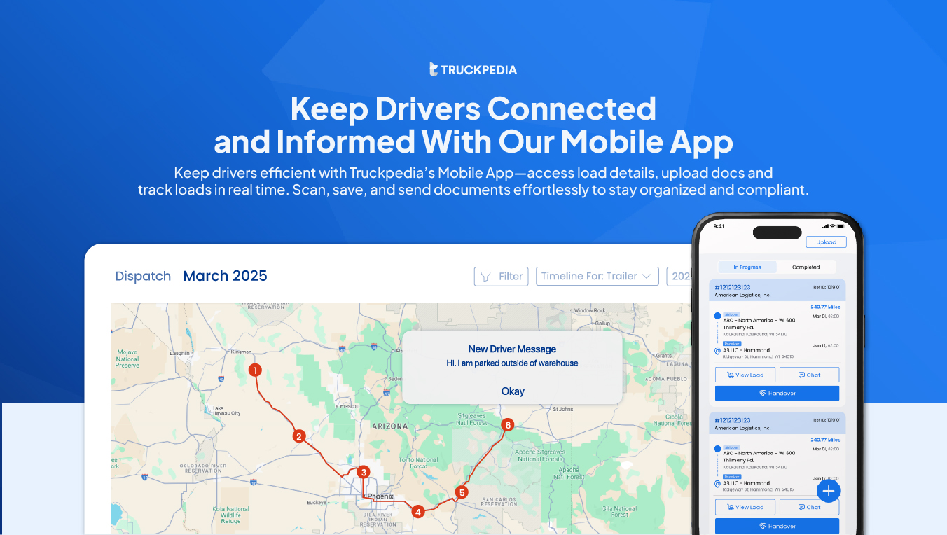 Truckpedia TMS Software - Equip your drivers with everything they need on the road. The Truckpedia mobile app offers load details, automated tracking, and document uploads—so they can stay productive without constant check-ins. - thumbnail