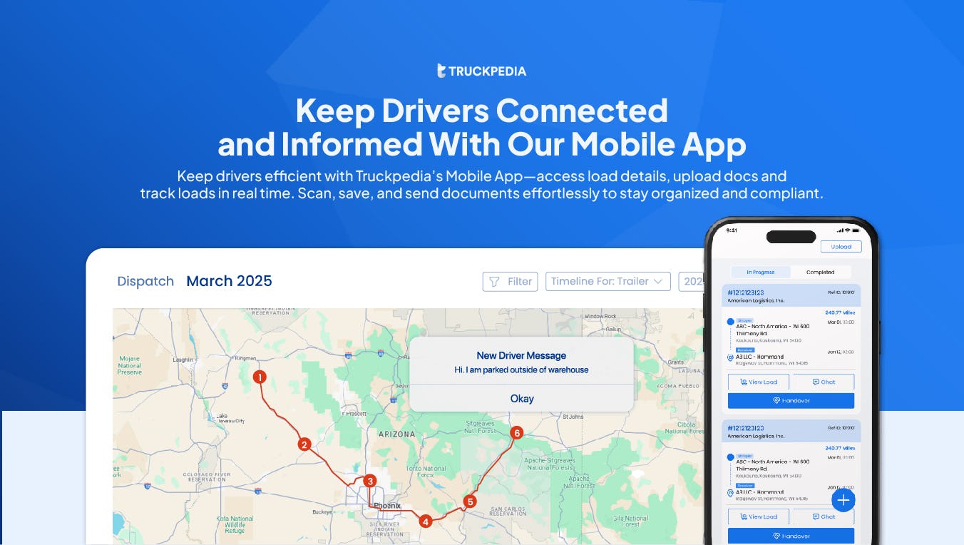 Truckpedia TMS Software - Equip your drivers with everything they need on the road. The Truckpedia mobile app offers load details, automated tracking, and document uploads—so they can stay productive without constant check-ins.
