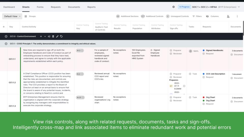 View risk controls, along with related requests, documents, tasks and sign-offs. Intelligently cross-map and link associated items to eliminate redundant work and potential errors