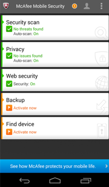 McAfee Mobile Security options
