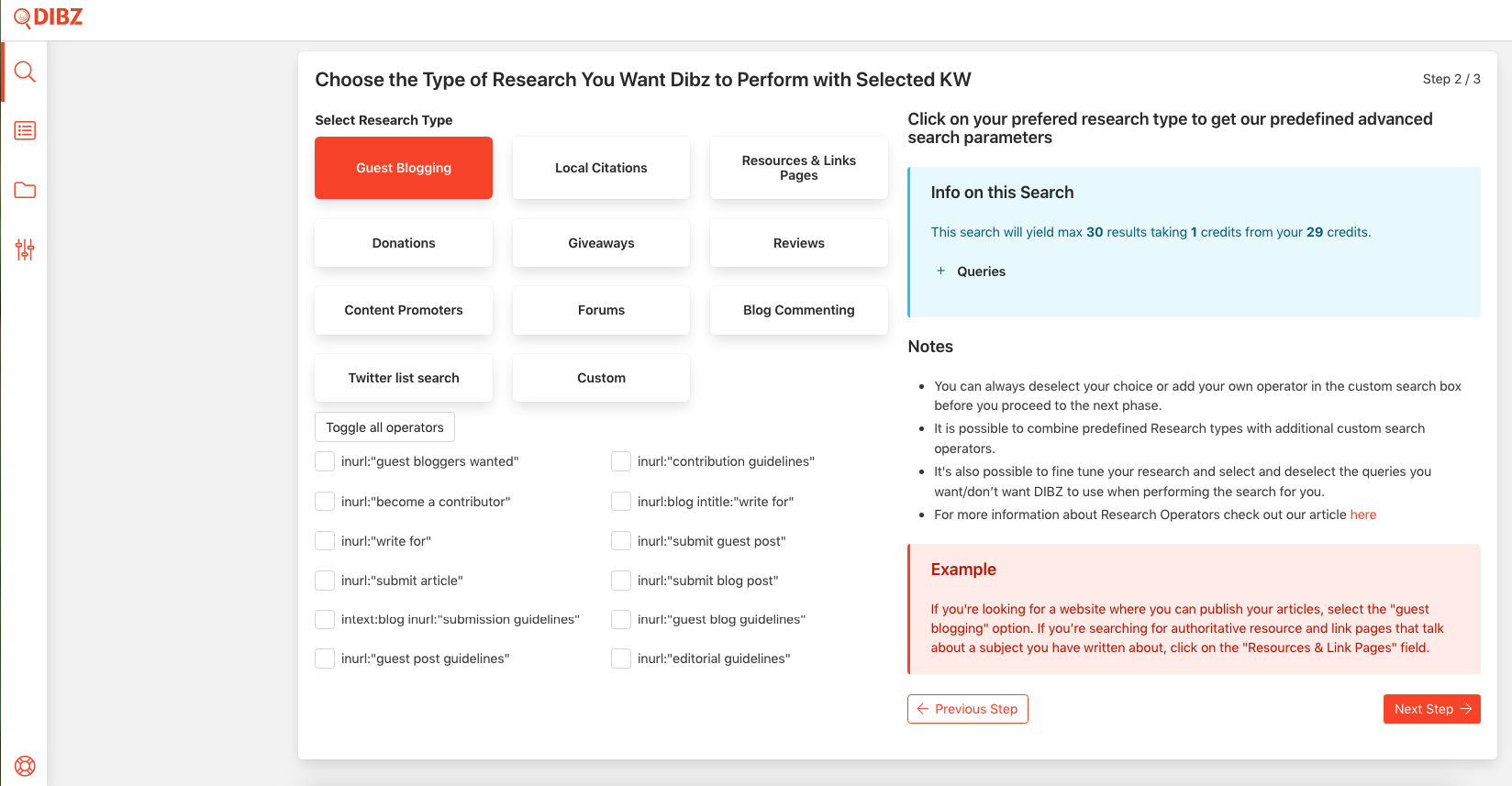 Choosing the Type of Research You Want Dibz to Perform with Selected Keywords