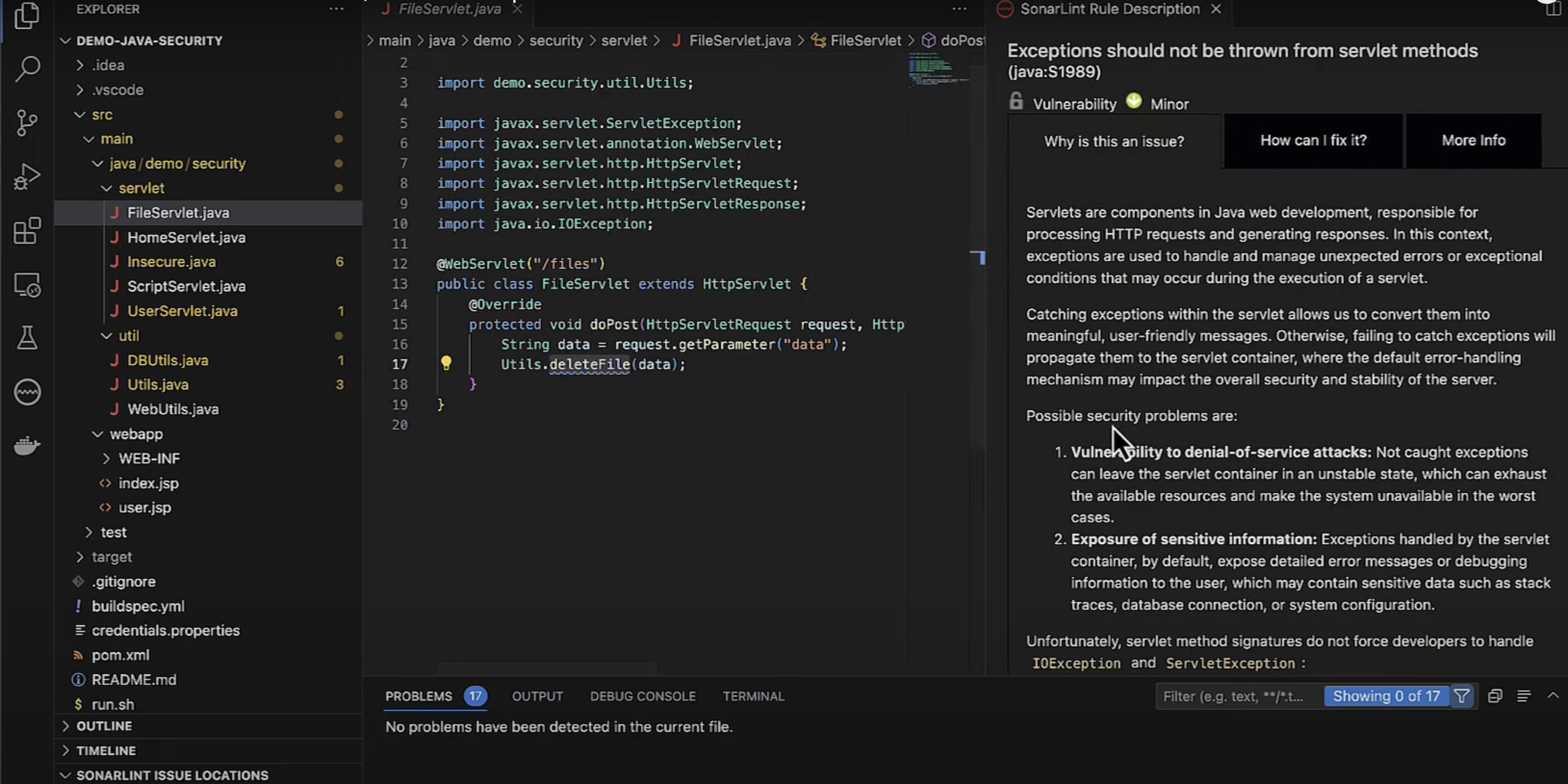 SonarLint is available for VS Code, Visual Studio, Eclipse and JetBrains IDEs. Here, SonarLint identifies and highlights issues in a Java project within VS Code. 