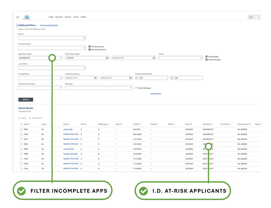 MeridianLink Opening screenshot: Cut ​Abandonment ​Rates: Reduce application abandonment with a mobile-first design, save-and-resume functionality, and clear progress indicators.