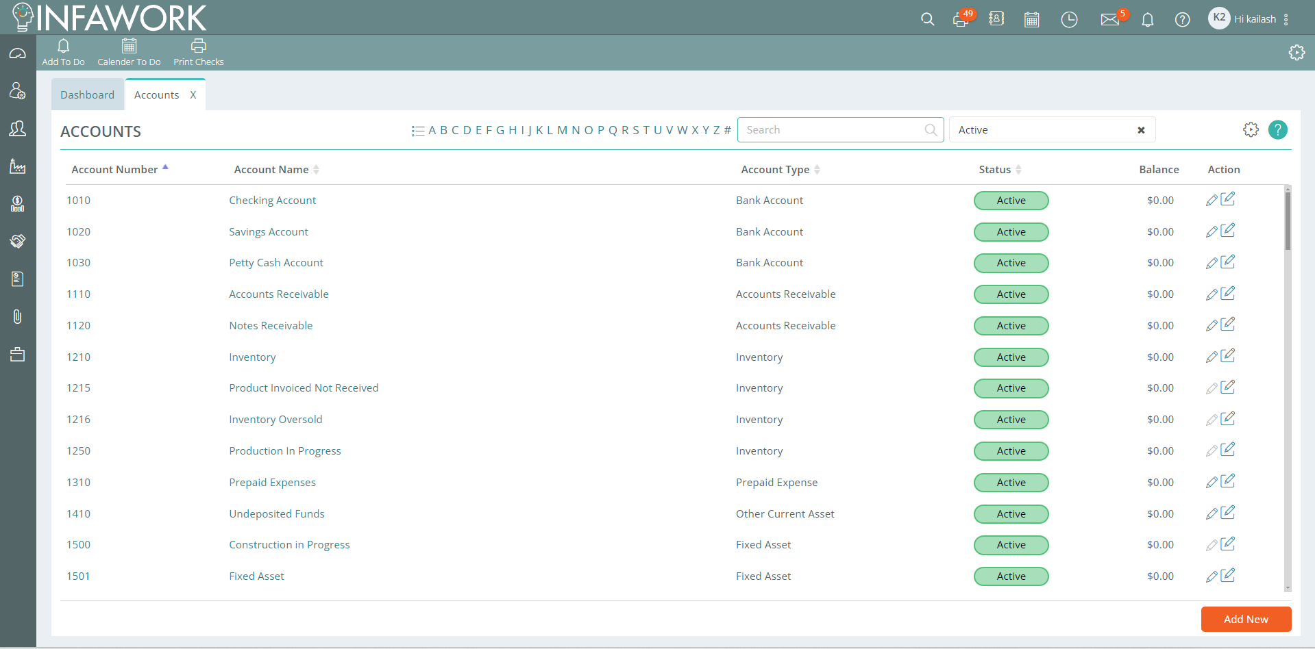 INFAWORK Software - INFAWORK's Accounting module, featuring a comprehensive Chart of Accounts, simplifies financial management. Track expenses, revenues, and manage accounts with ease, providing a clear view of your company’s financial health.