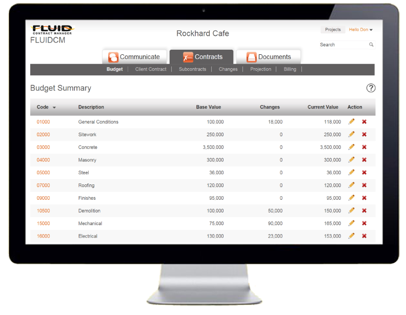 Fluid Contract Manager screenshot: Freeze budgets and track changes from the baseline