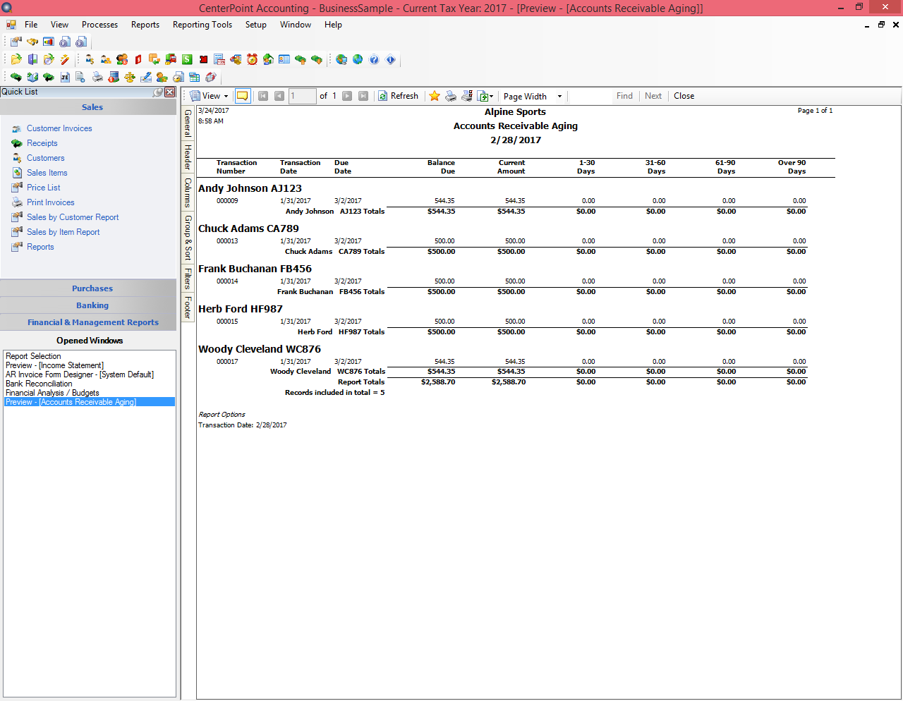 CenterPoint Accounting screenshot: Accounts Receivable Aging Report