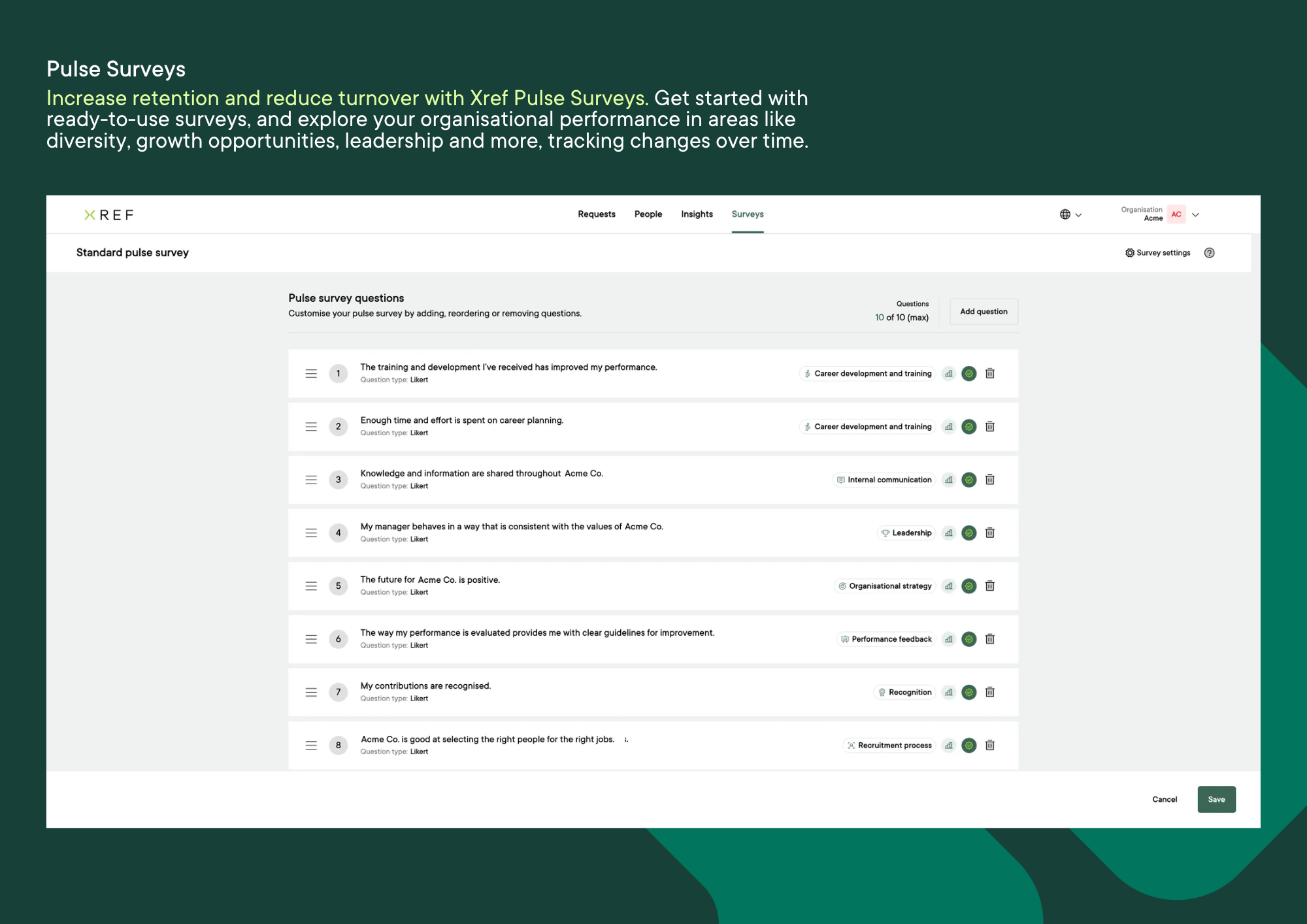 Screenshot of Xref Pulse Surveys questions to collect employee feedback
