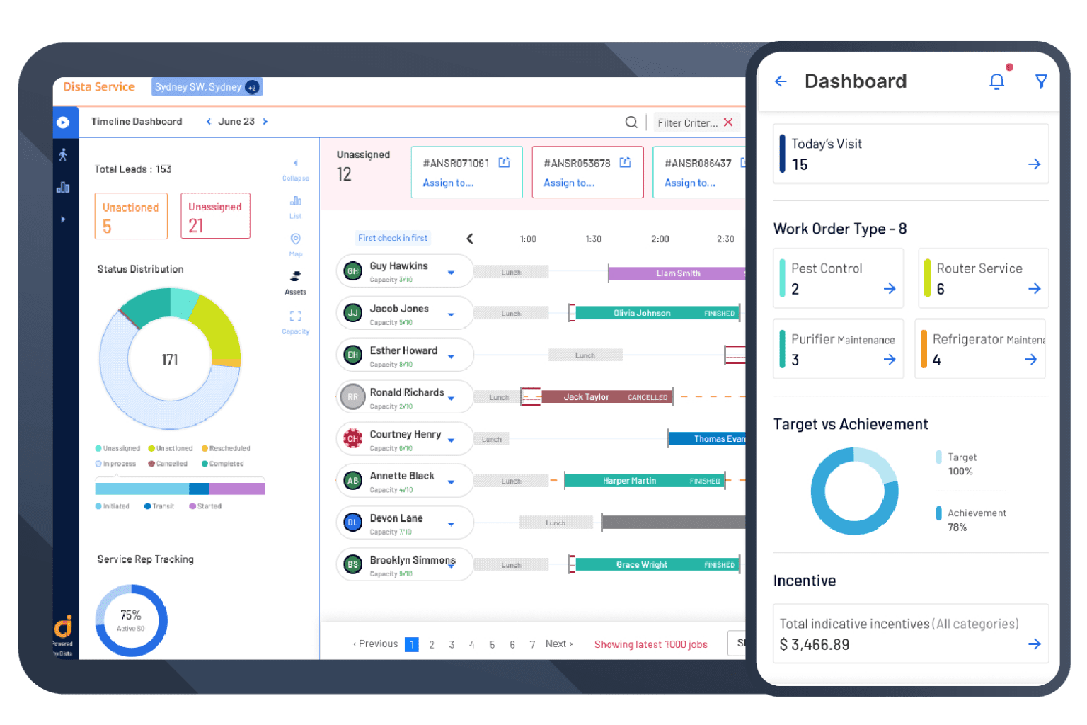 Dista Service screenshot: Web and mobile dashboard of Dista Service - a field service management software.