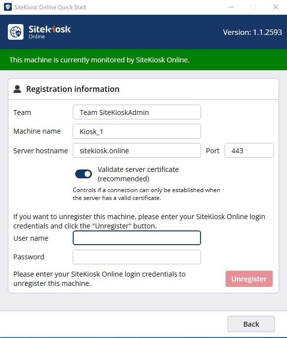 SiteKiosk Local Agent Cloud Account Registration