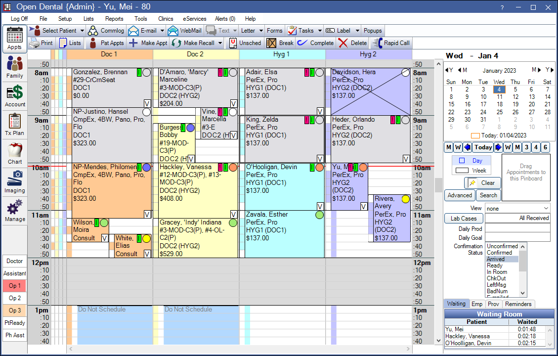 Appointments Module. Used for managing appointments. Image displays examples of scheduled appointments and includes appointment-related features, such as the Pinboard and calendar.