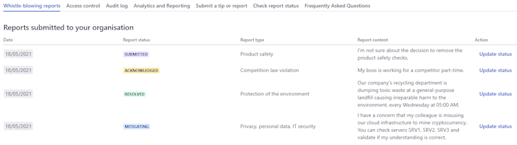 Whistle Willow screenshot: Whistle Willow whistleblowing reports
