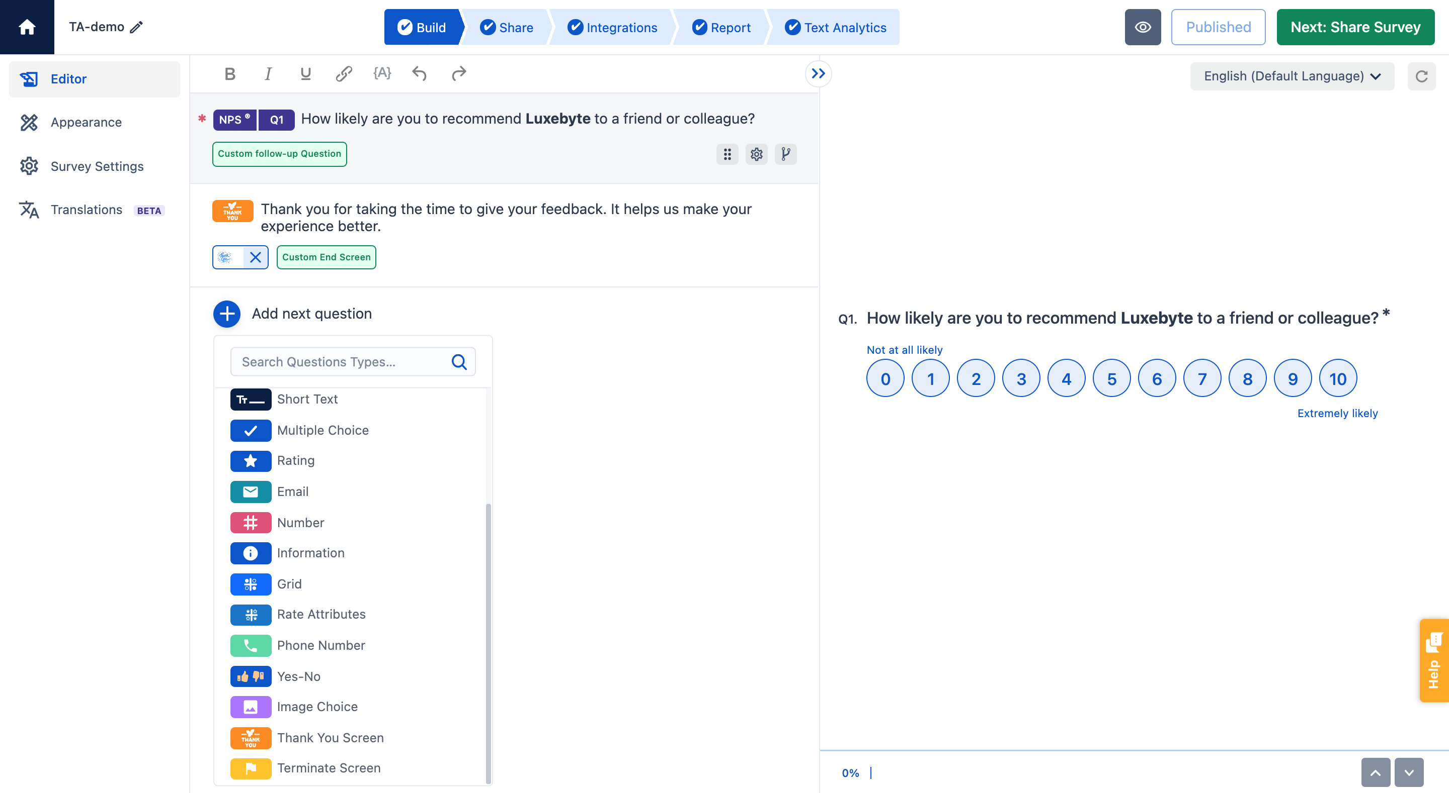 SurveySensum screenshot: Survey Builder with multiple question types