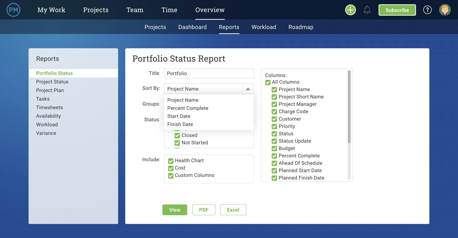ProjectManager.com Software - Instant reports can be generated and exported as PDF or Excel files