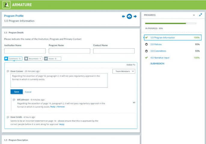 ARMATURE screenshot: Users can create their own custom forms and fields to collect accreditation data from programs and institutions