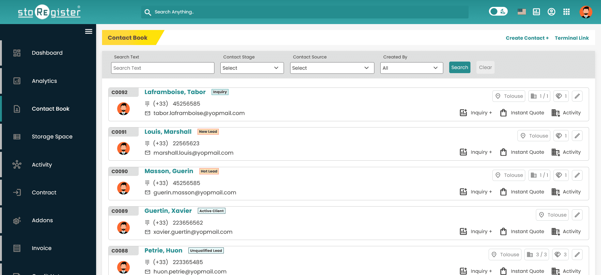 StoRegister Software - Contact Listing page displays quick information about a contact.