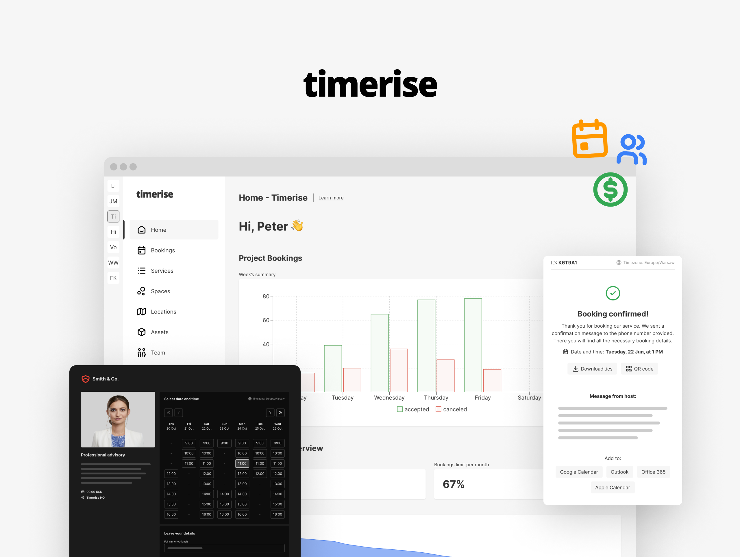 Timerise screenshot: Timerise project bookings and confirmations