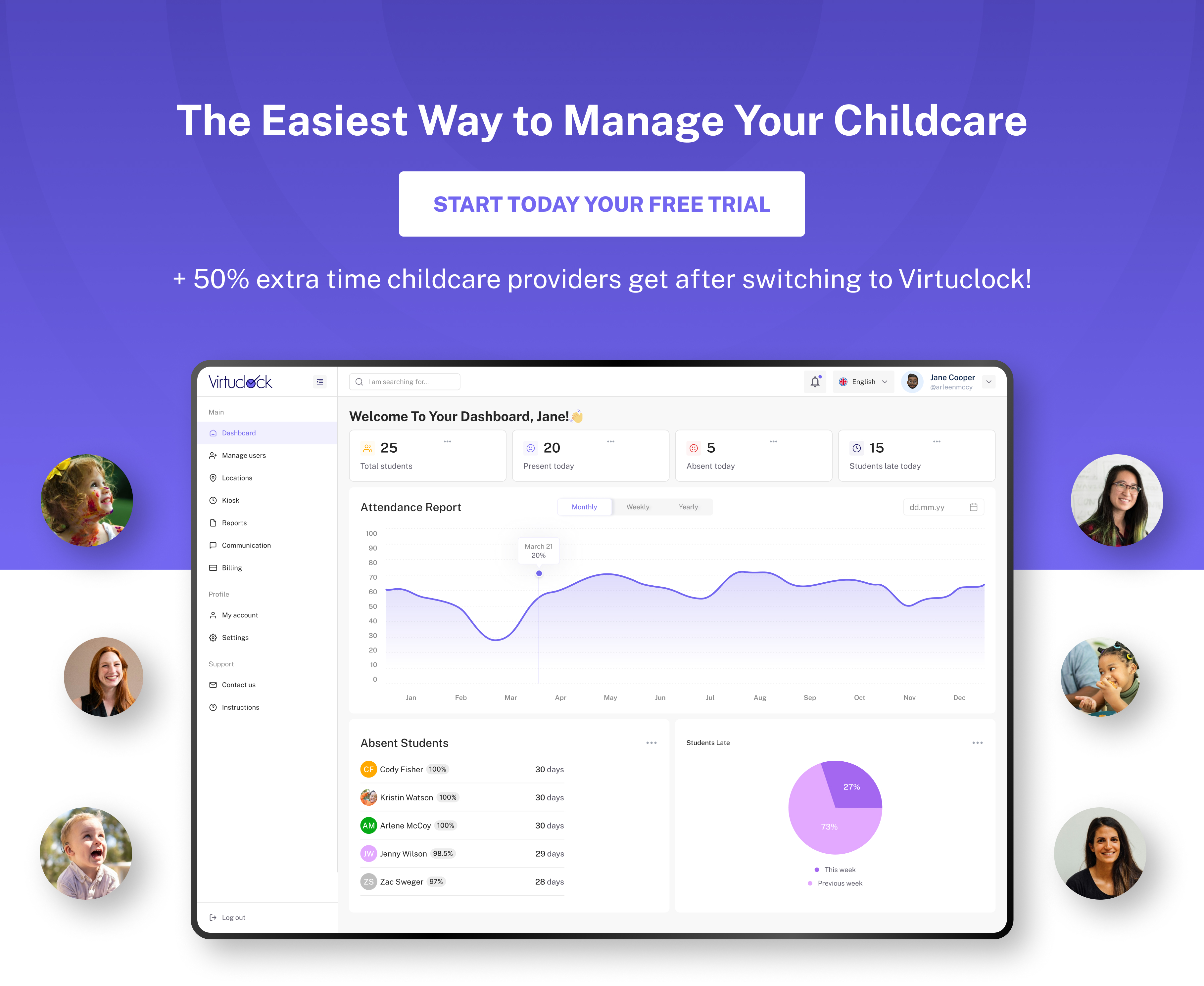 Virtuclock screenshot: Experience the convenience of having all essential information at your fingertips with Virtuclock Childcare software's main dashboard!