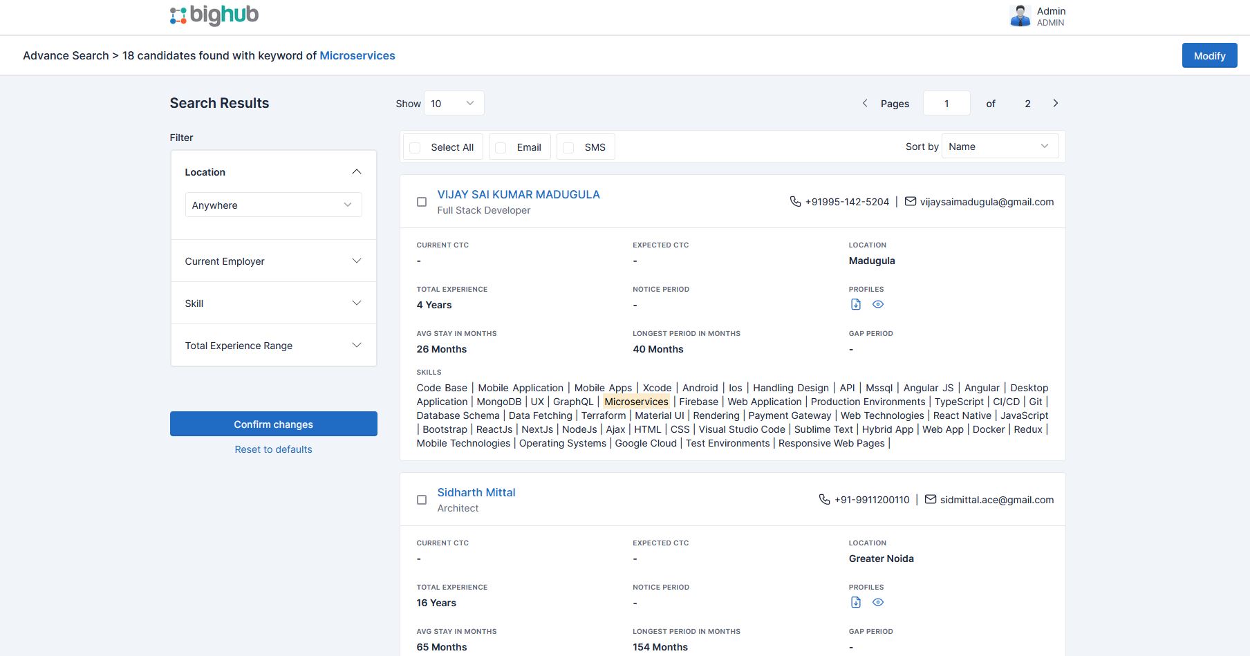 Bighub screenshot: Search result page