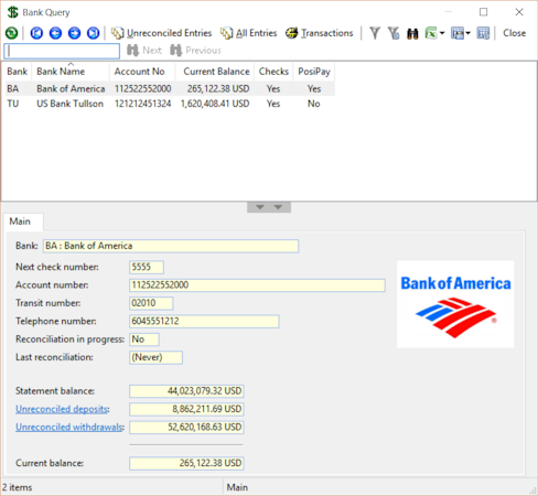 Aquilon ERP screenshot: Aquilon helps users to maintain bank account details