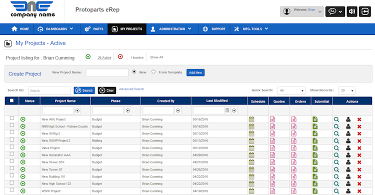 eRep CPQ screenshot: Customers can organize opportunities and projects, then create one or more quotes per project