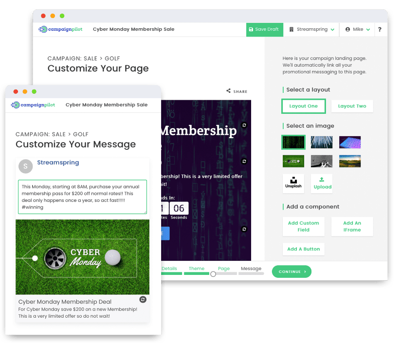 CampaignPilot walks you through building professional content and websites for your marketing campaigns. In just a few steps you will be able to create social media posts, HTML emails, printable flyers, counter signs, and more.