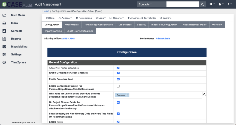 eCase Audit screenshot: eCase Audit configuration manager