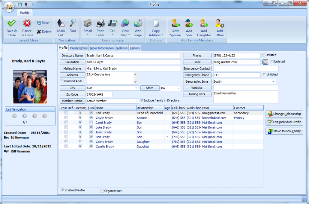Servant Keeper Software - Users can create family profiles on Servant Keeper, linking information for members of a family in the same place