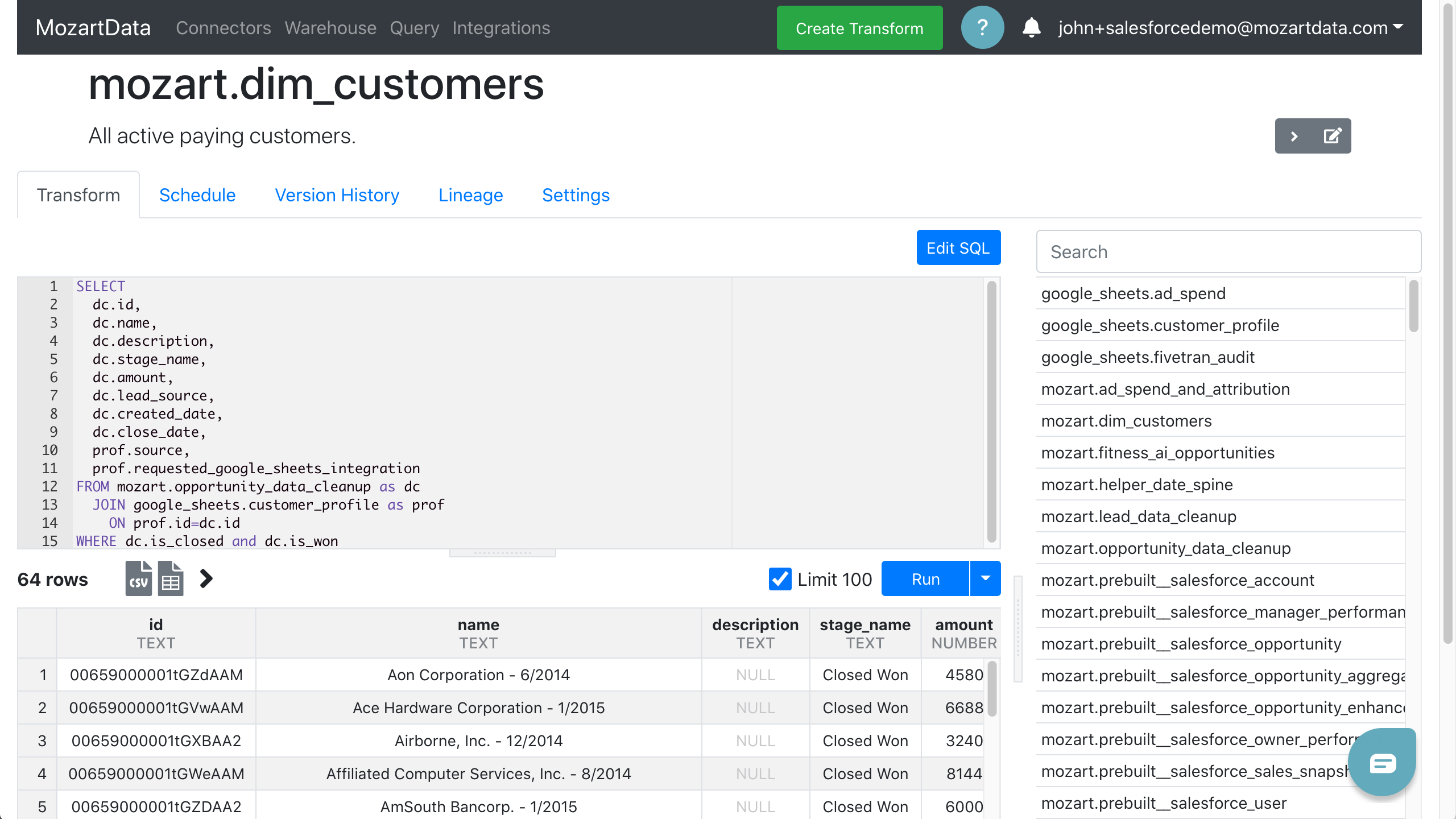 Mozart Data Software - Use the built-in transform editor to write queries for organizing, de-duping, and cleaning your data