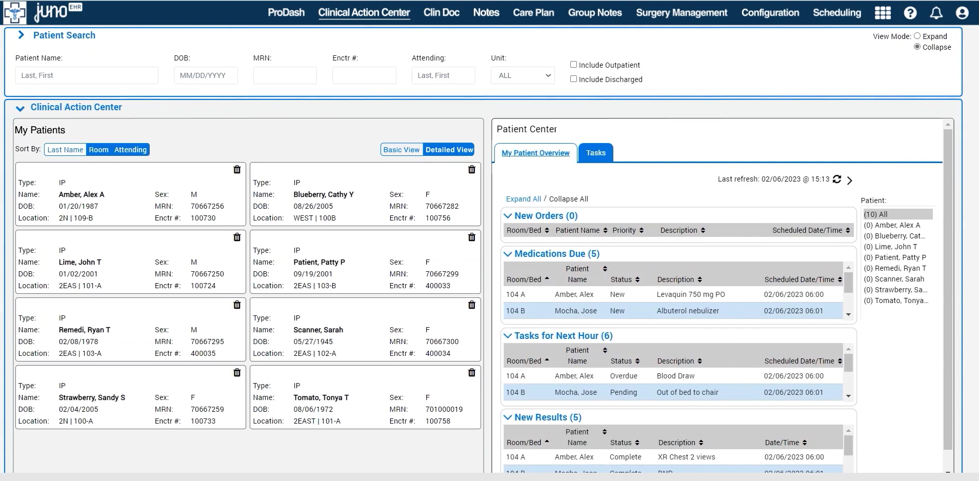 Juno EHR screenshot: Juno EHR clinical action center